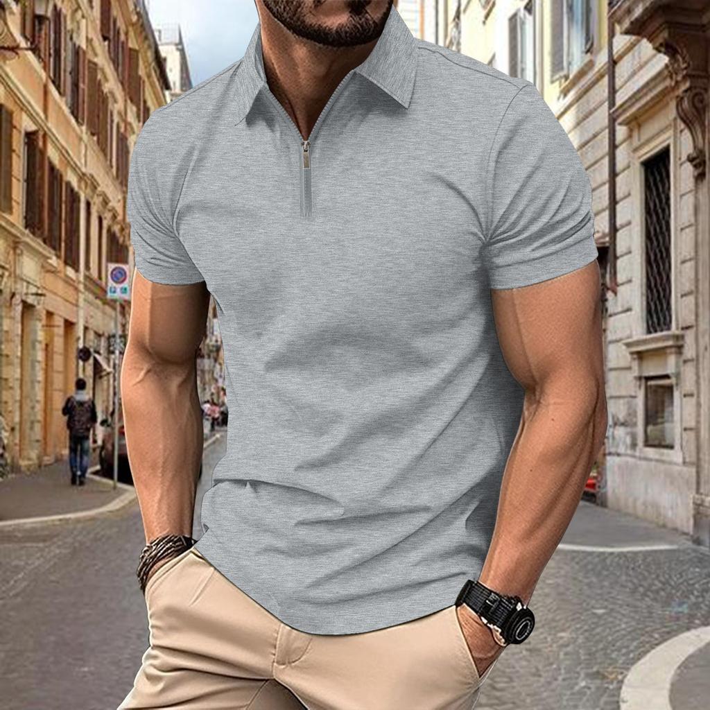 Men's Summer Polo Shirt Casual Zip Short Sleeve Polos Shirts Fashion Solid Color Loop Zipper Lapel Top