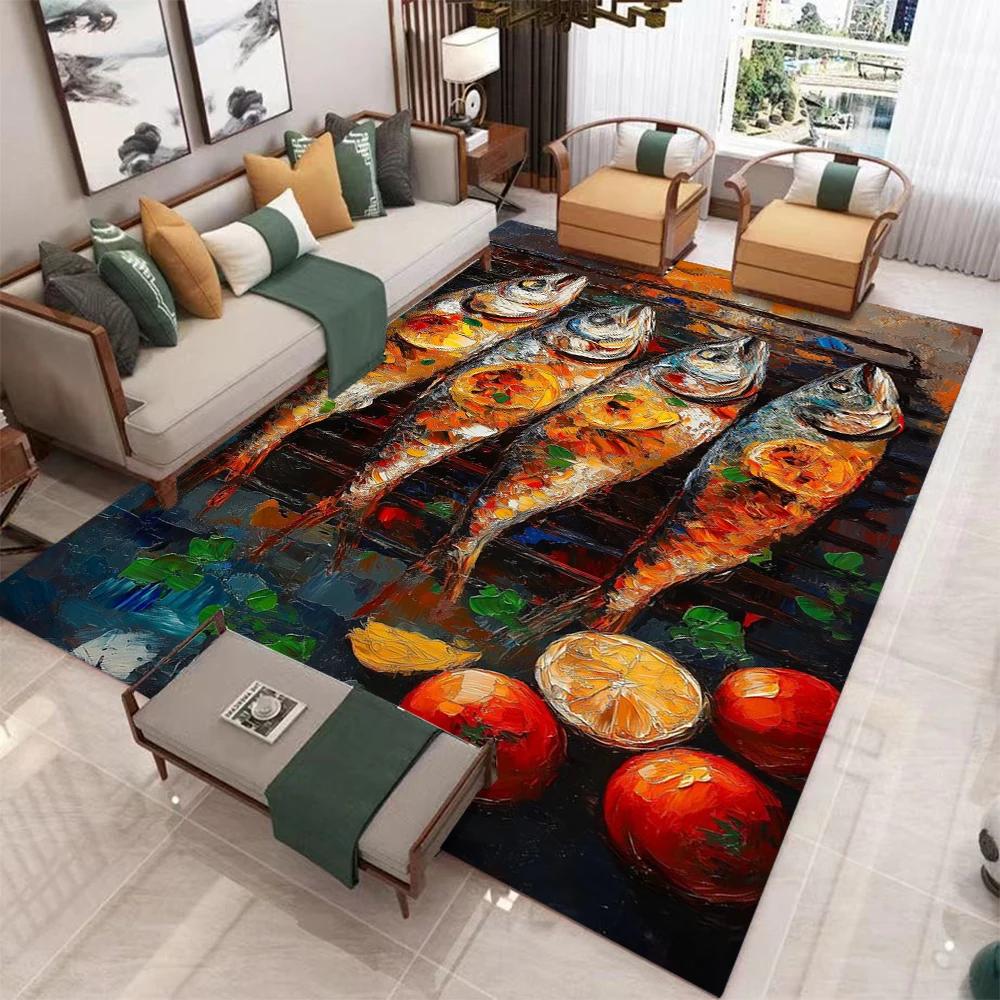 

Colorful Grilled Fish Camping Picnic Carpet Living Room Bedside Bedroom Carpet Kitchen Dining Table Floor Mat Corridor Door Mat 40x60cm16x24in