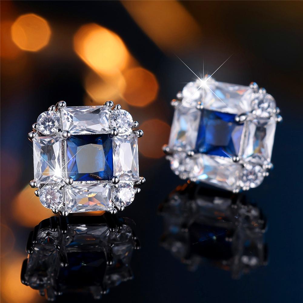 Cute Female Crystal White Blue Zircon Squarel Stone Stud Earrings Silver Color Wedding  For Women