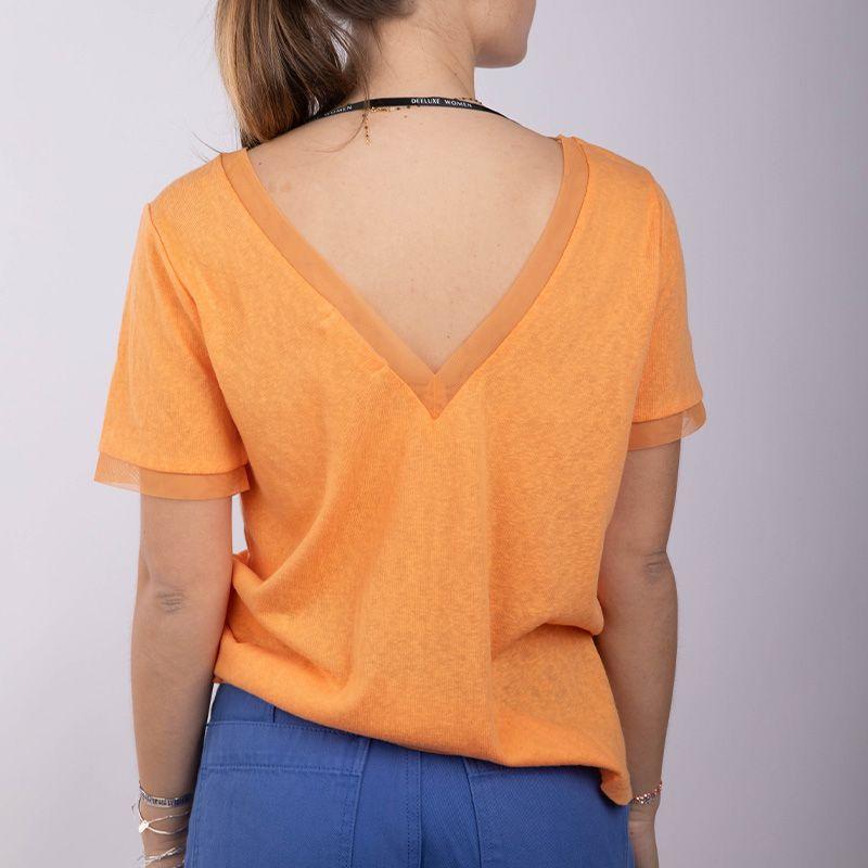 Haut corail manches courtes Col V devant et au dos Femme DEELUXE 74