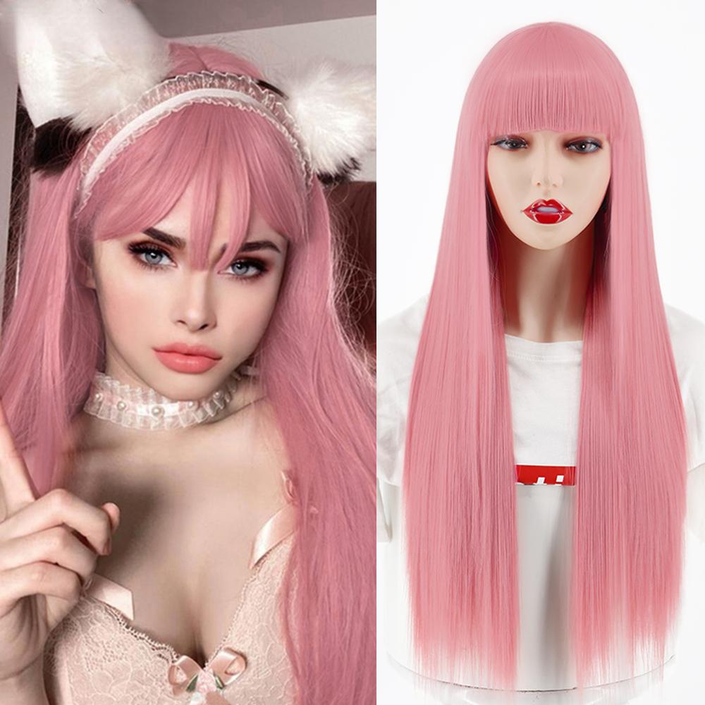 MERISIHAIR Brown Long Straight Wig with Blunt Bangs Synthetic Heat Resistant Fiber Wig for Women Daily Wear