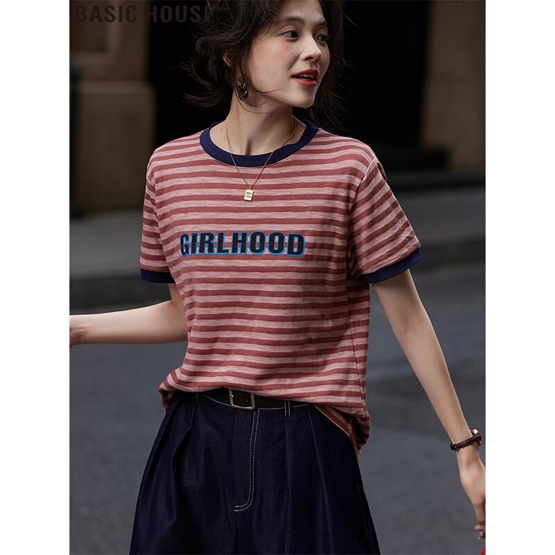 

Basic House Women s Striped Print Round Neck T-Shirt L
