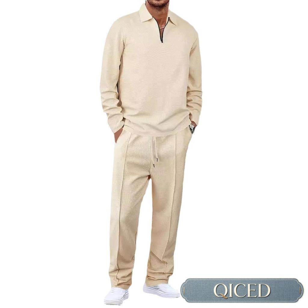 QICED Men's Fashion Casual Autumn Winter Long Sleeve POLO Neck Pants Suits Casual Chic