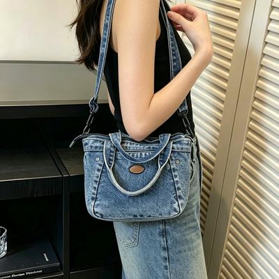 Vintage Denim Shoulder Crossbody Bags for Women Casual Versatile Thread Design Ladies Handbags Portable Female Phone Bucket Bag