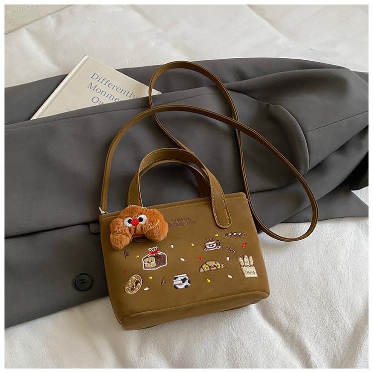 Cute Cartoon Embroidery PU Leather Women's Shoulder Bags Retro Versatile Ladies Crossbody Bag Casual Solid Color Female Handbag
