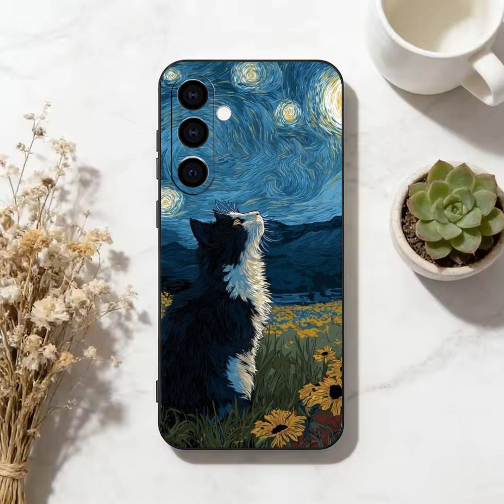 Funny Cat Van Gogh Style Phone Case For Samsung Galaxy A73,A72,A71,A70,A53,A52,A51,Others Soft Black Cover