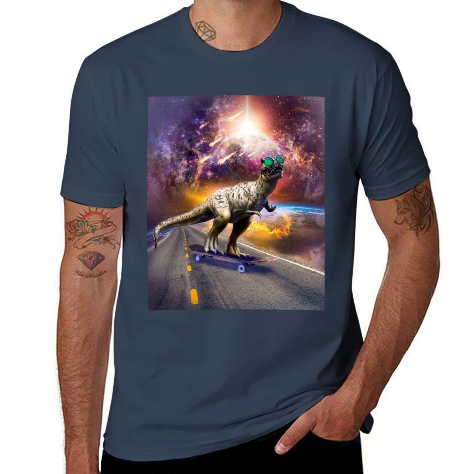 Dinosaur With Sunglasses On Skateboard In Space Tshirt Casual Loose Fit Summer Tee Shirt S