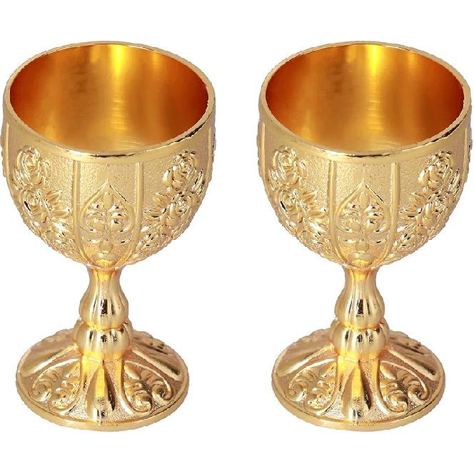Zerodis 2Pcs Royal Chalice Embossed Cup, Vintage Handmade Goblet Chalice Unbreakable Dragon Chalice with Embossed Flower Pattern Metal Liqueur Pumpkin gold