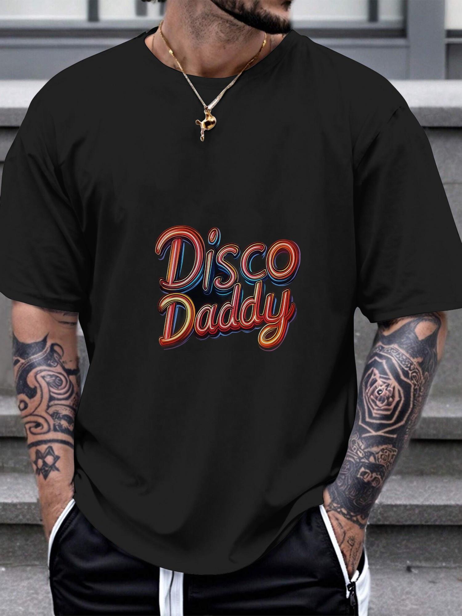 1pc Disco Daddy Vintage Retro Cursive Graphic T-shirt - 180g Cotton Crew Neck Short Sleeve Tee with Vibrant Geometric Print XL
