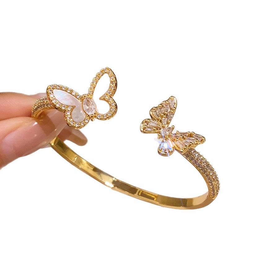 Elegant Zircon Butterfly Open Cuff Bracelet - Gold-Plated, Versatile Luxury Jewelry for Women.