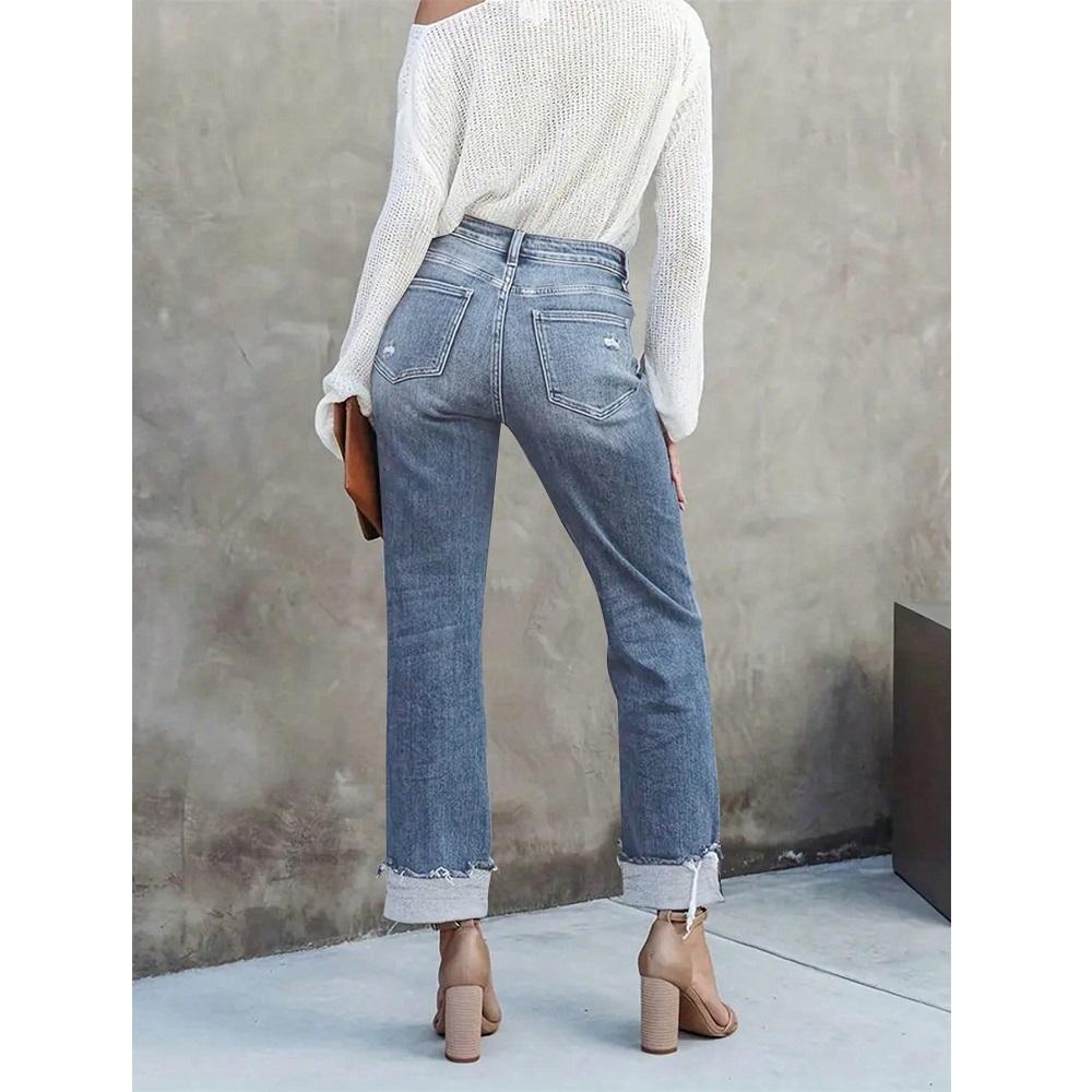 High Waist Stretch Denim Jeans for Women Solid Color Slim Straight Pants Pantalones de mujer