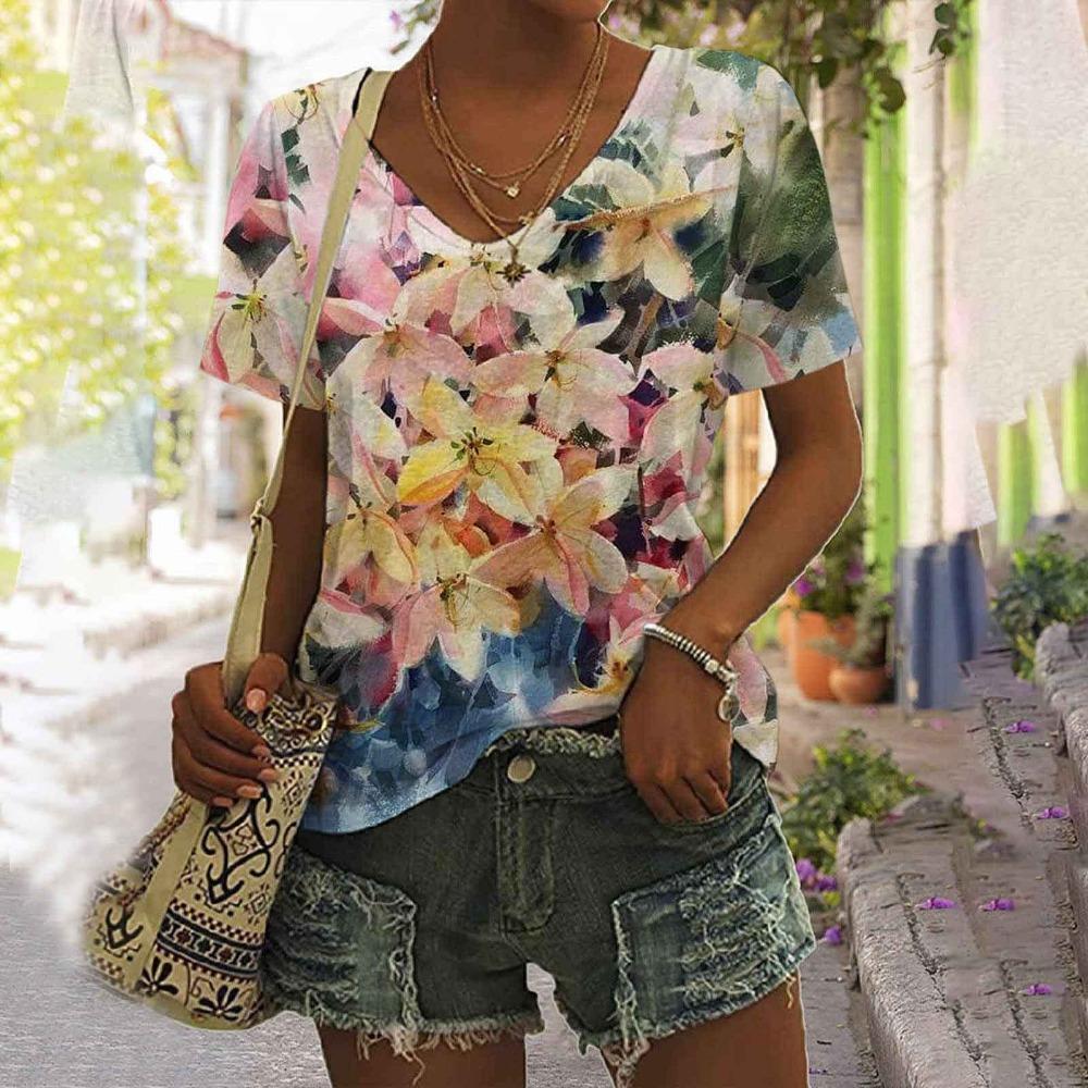 Summer Floral Vintage 3D Print T-Shirts Women V-Neck Short Sleeve T Shirt Y2K Flower Tees Oversized Harajuku Top Female Clothing