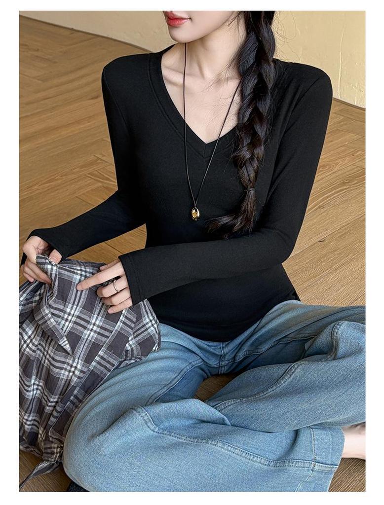 T-shirt Noir à Manches Longues et Col en V pour Femme avec Velours Intérieur, Collection Automne/Hiver 2025, Haut de Sous-vêtement Polyvalent
