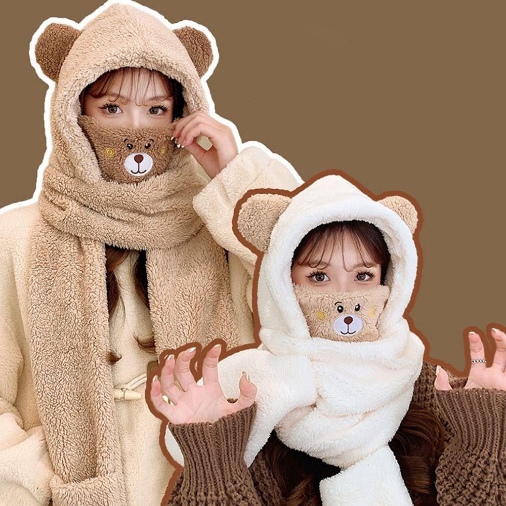 Korean Cap With Earmuffs Cartoon Hat With Mask Lamb Fleece Hat Scarf Women Plush Hat Winter Gloves