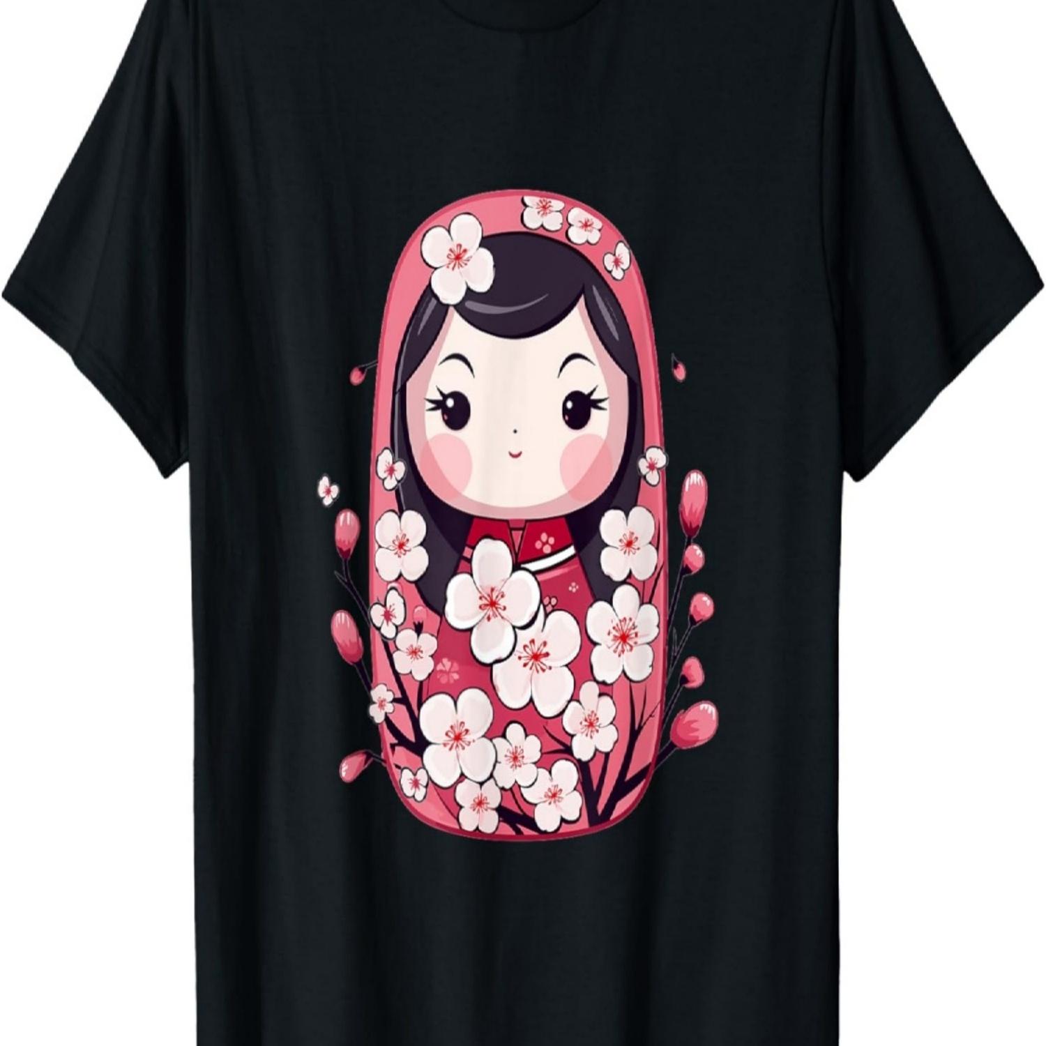 Cute Kokeshi Doll With Cherry Blossoms I Kokeshi T-Shirt S