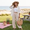 Women's Trendy High Waisted Plaid Pants with Elastic Waistband and Pockets for Casual Daily Wear