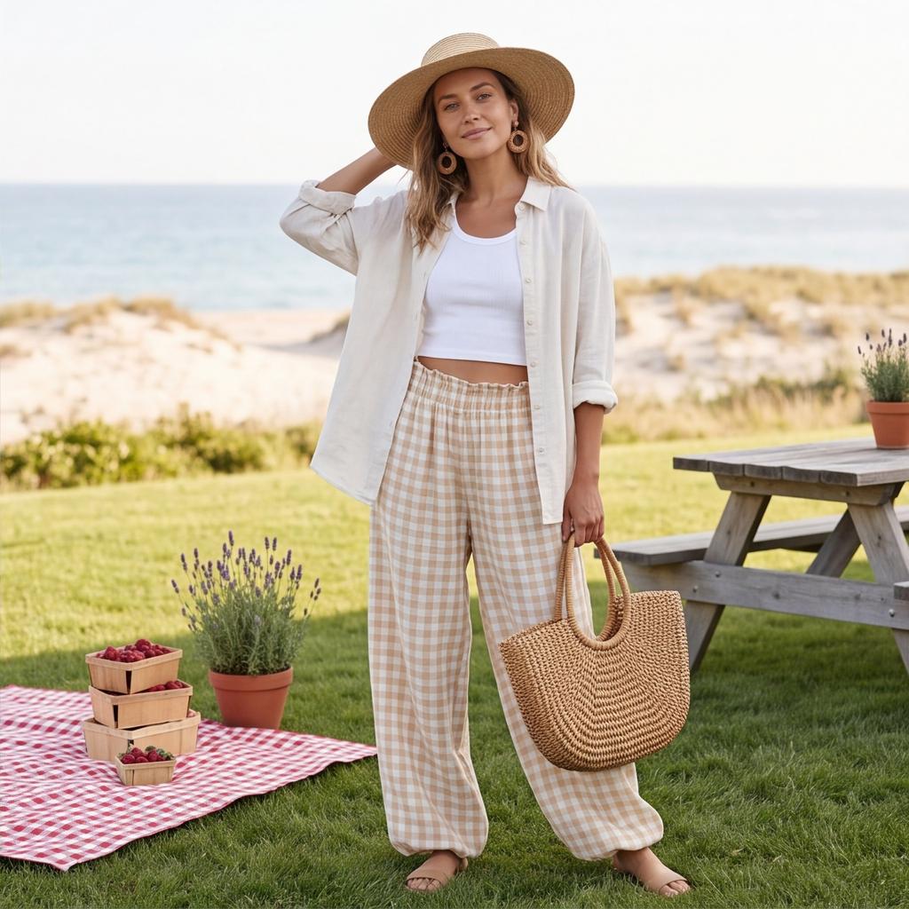 Women's Trendy High Waisted Plaid Pants with Elastic Waistband and Pockets for Casual Daily Wear