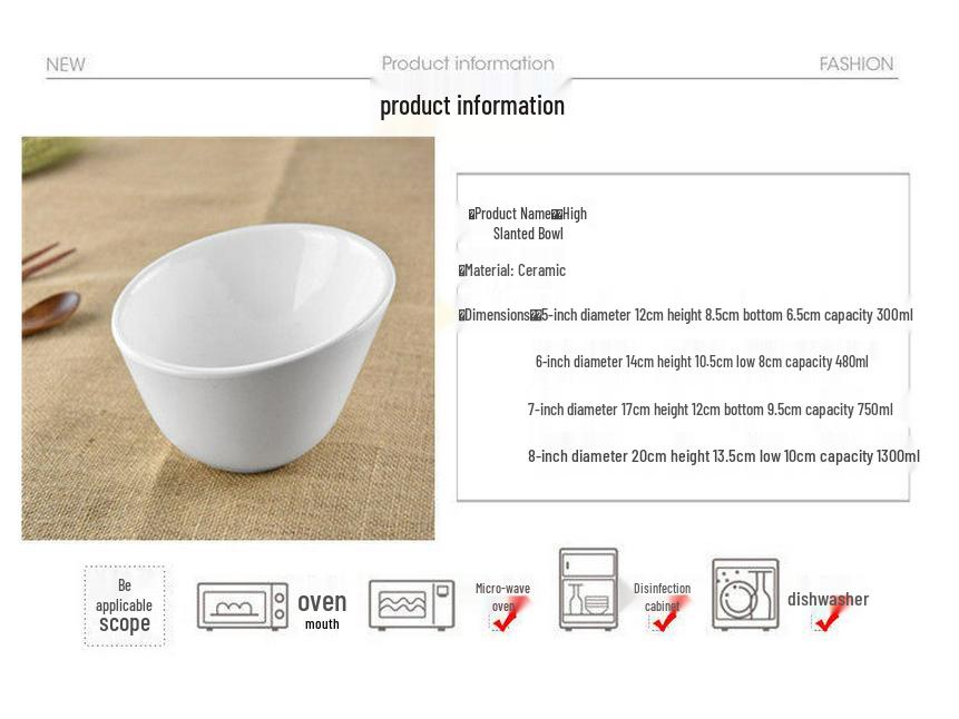 Elegant White Slanted Rim Ceramic Bowl for Salads, Soups, Pasta, Ramen, Fruits, and Western Dishes. 5 Inch Tall Slanted Rim