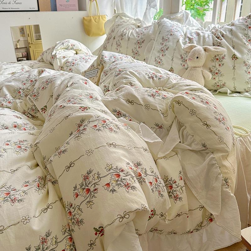 Small Fresh Pure Cotton Four-piece Set Lace Korean Version Princess Style Washed Cotton Bed Skirt Quilt Cover Cream Style Bedding