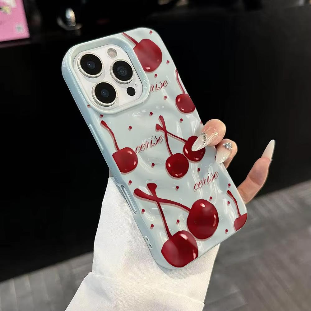 Korean Cherry Pattern Phone Case For iPhone 17 16 15 14 13 12 11 Pro Max 14 15 Plus 17 Air Wrinkle Wave Soft Silicone Drop Cover