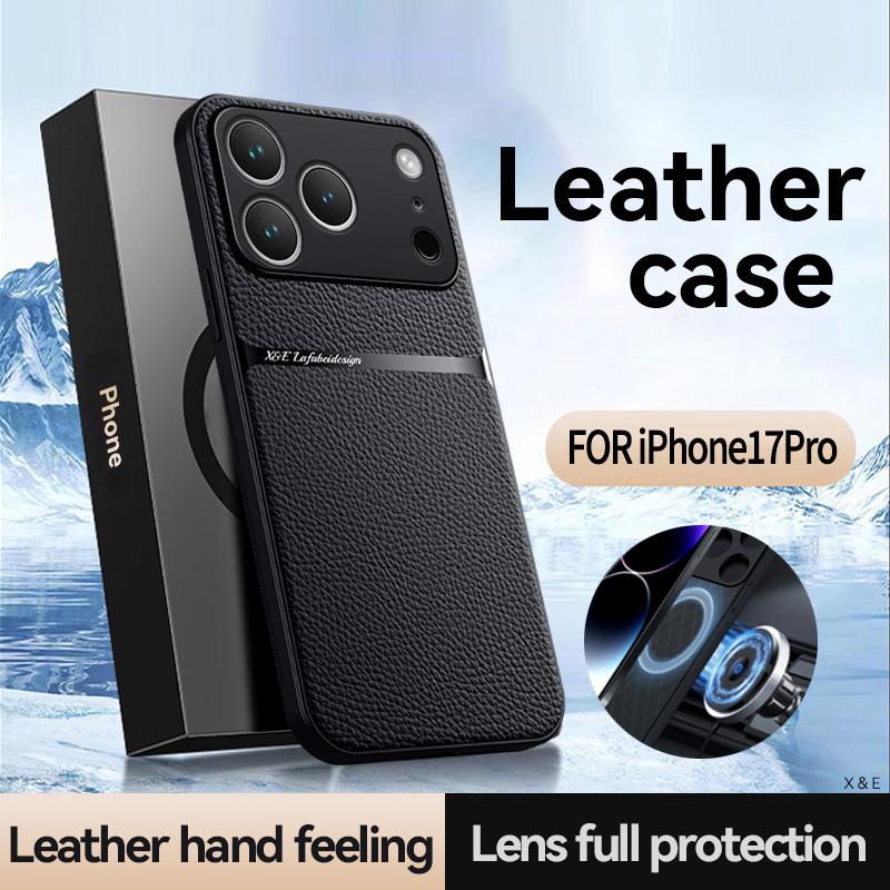 Business Silky Feel Leather Phone Case For iPhone 17 15 16 Pro Max 14 15 Plus 13 12 Mini 11 16E 17 Air Magnetic Car Holder Cover