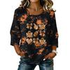 Women's Casual Halloween Print Three-Quarter Sleeve Round Neck Cotton Linen Blouse