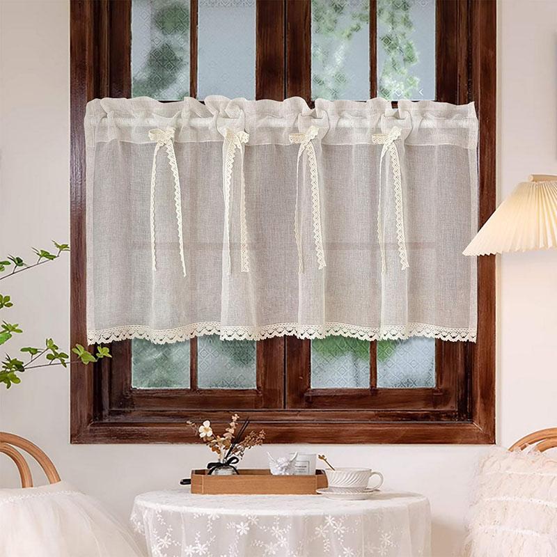 Franse Romantische Beige Strik Korte Transparante Gordijn met Haakwerk Kant Bodem Stangzak voor Keuken Woonkamer Slaapkamer Huisdecoratie Special Rod Pocket