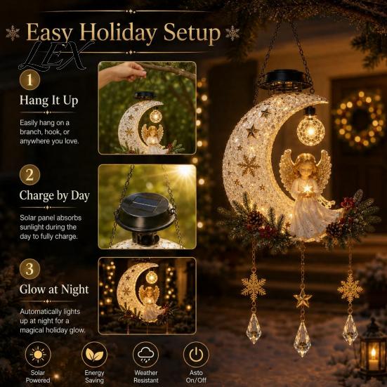 Crescent Moon Angel Statue Solar Light, Christmas Hanging Lantern with Warm Glow, Resin Holiday Home Decorative Accents Outdoor Yard Decoration