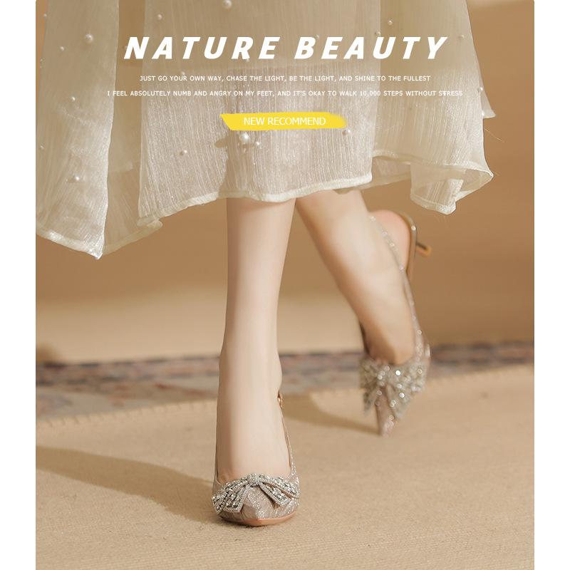 7520-5 [sheepskin] high-heeled wedding shoes women's thin heels summer 2025 new pointed rhinestone bow sandals