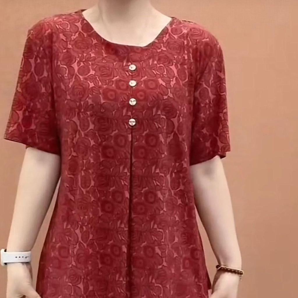 Stylowy żakardowy T-shirt z okrągłym dekoltem i rękawem 3/4 dla puszystych matek w średnim wieku i starszych