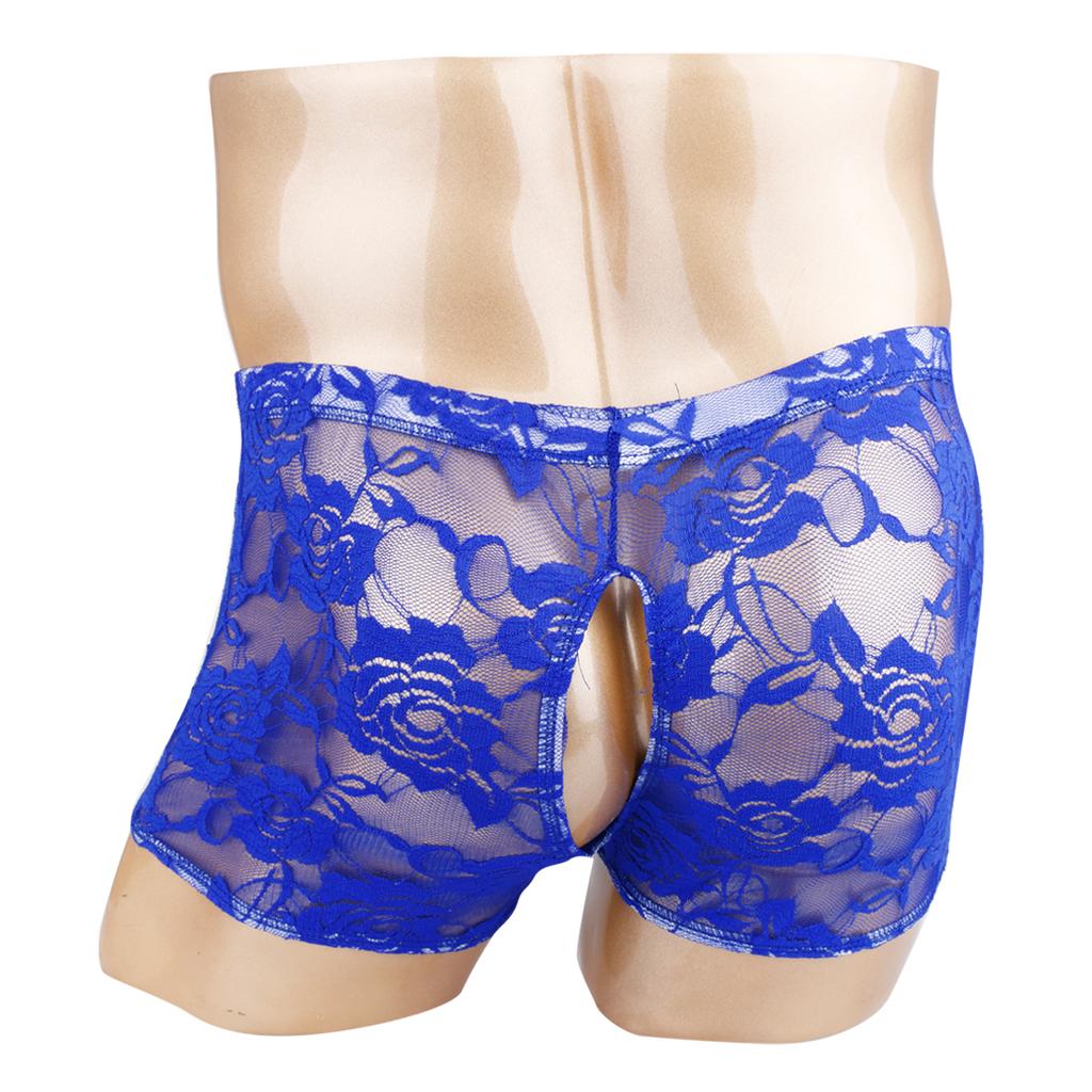 Men Sheer Lace Boxer Shorts Open Front Back See Through Pants Underwear