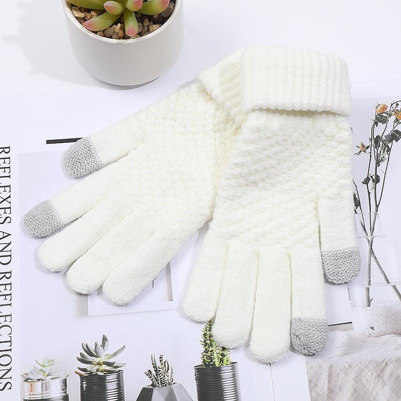 Winter Knit Solid Fleece Warm Student Gloves Unisex Outdoor Riding Touchscreen Jacquard Gloves