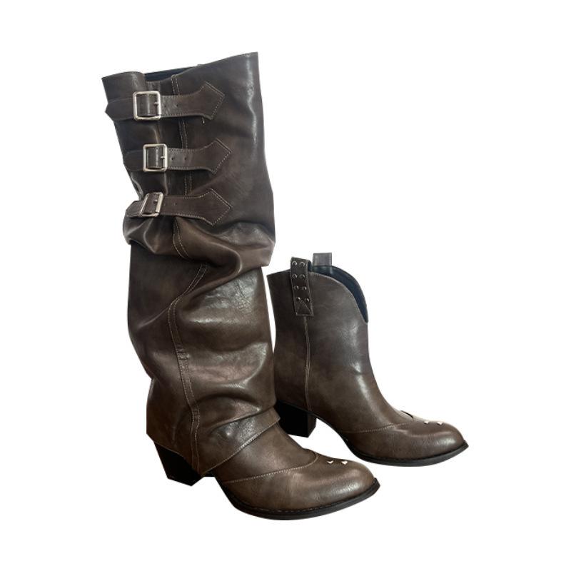 Boots Women's Shoes Brown Western Cowboy Boots Pleated Pile Pile Knight Boots Women's Pointed Pant Pants Boots