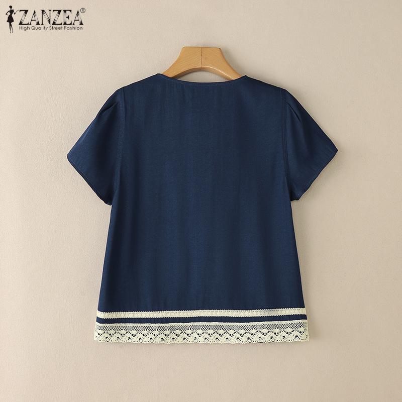 ZANZEA Women Summer Short Sleeve Lace Patchwork Casual Button Blouse