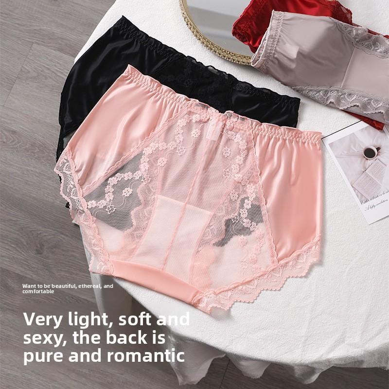 Large Size Female Summer Light Luxury Satin Sexy Lace Antibacterial Extended Crotch Triangle Briefs
