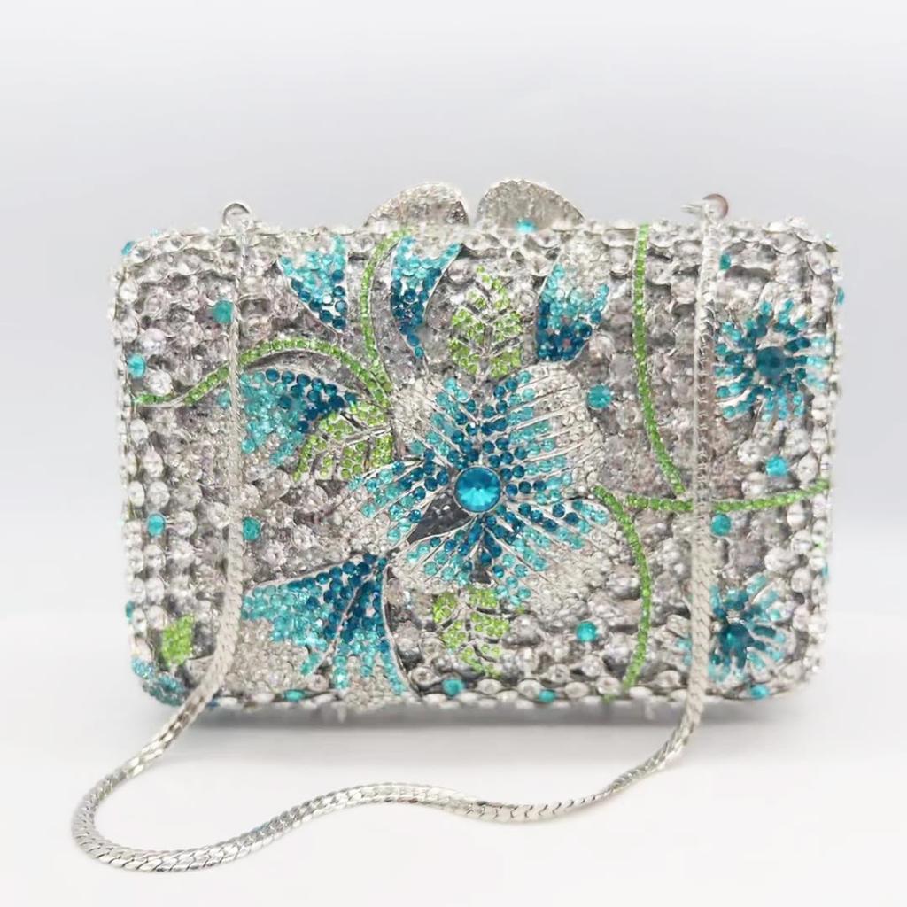 WHTUOHENG Blue/White Flower Rhinestones Evening Bags Women Floral Crystal Evening Clutches Bridal Wedding Party Clutch Purse