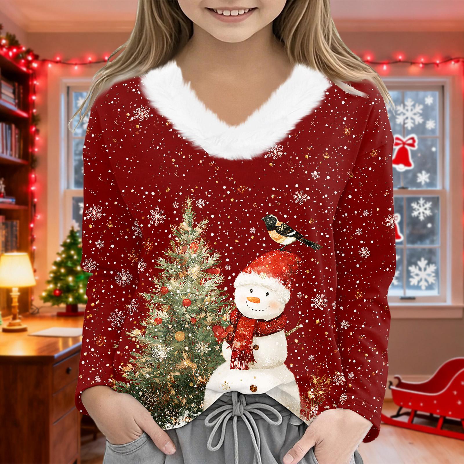 

Christmas Day Girls Long Sleeve T Shirts Kids Girls V-Neck Tee Christmas Print Long Sleeve Top 160