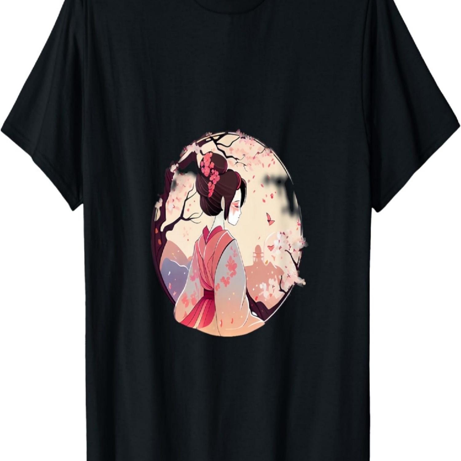 Geisha girl with falling cherry blossom flowers T-Shirt S