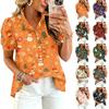 Women's V-Neck Christmas Print Short Sleeve Button-Up Blouse with Ruffle Trim