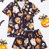 Halloween Women's Pajama Set Lapel Collar Open Front Cardigan Short Sleeve & Shorts Loungewear Loose Ultra Soft Casual Homewear Sleepwear Outfit