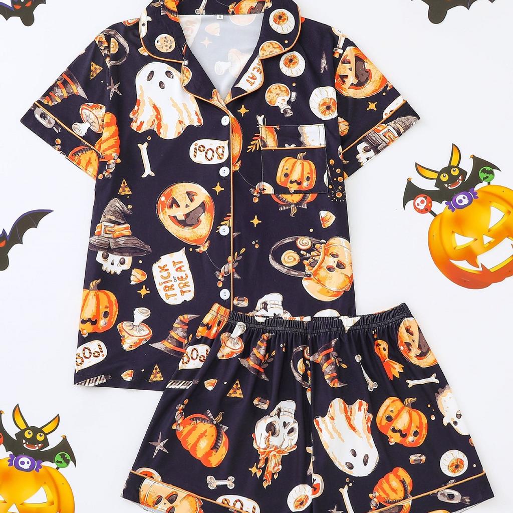 Halloween Women's Pajama Set Lapel Collar Open Front Cardigan Short Sleeve & Shorts Loungewear Loose Ultra Soft Casual Homewear Sleepwear Outfit