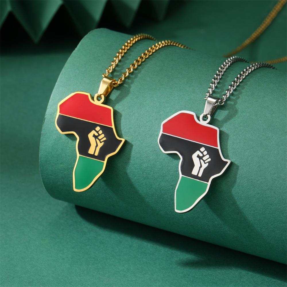 African Map Fist Symbol Pendant Necklace Stainless Steel Country Ethiopia Flag Map Necklaces Lives Matter Ethnic Jewelry