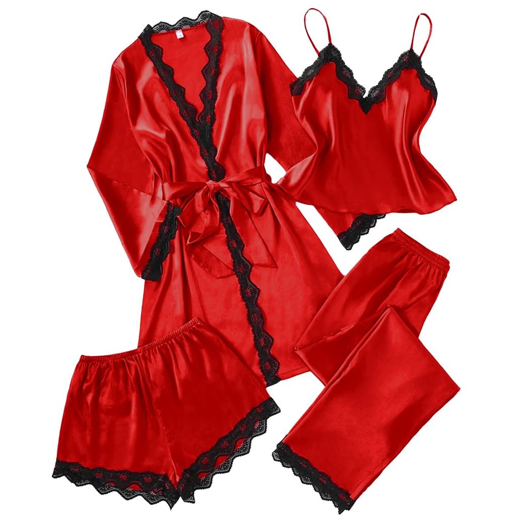 Women's 4,piece Satin Pajama Set, Soft Satin Sleepwear Set