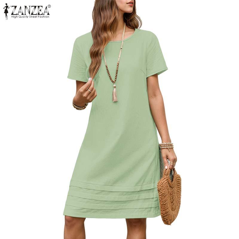 ZANZEA Women Casual Round Neck Solid Color Summer Short Sleeve Dress