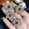 New Set Of Jewelry Colorful Treasure Dazzling Ruby Flower Ring Necklace Earrings High-end Feeling Light Luxury Fashionable Women