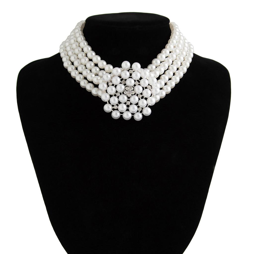 Vintage Patchwork Layered Faux Pearl Necklace French Beaded Choker Collarbone Chain Female