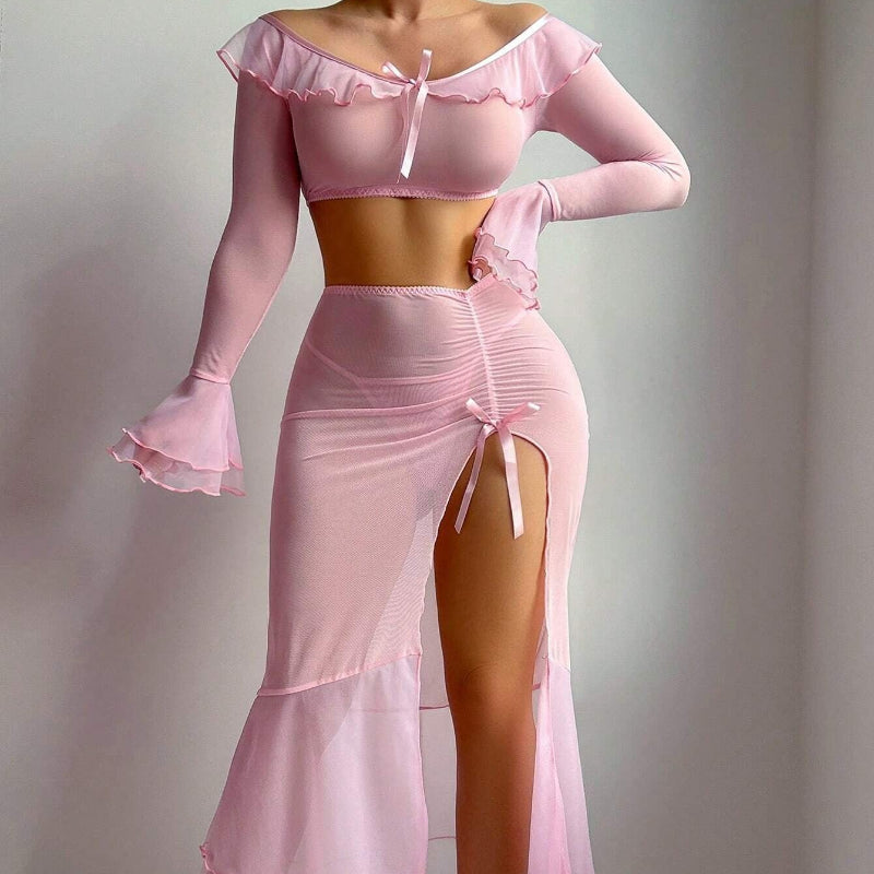 Transparent Mesh Uniform Temptation High Slit Long Skirt Erotic Lingerie Set Underwear