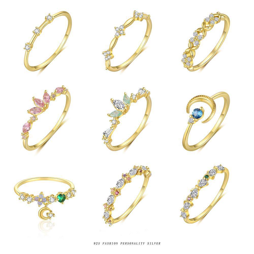 925 Sterling Silver Colorful Zircon Stars Moon Open Ring for Women French Exquisite Sweet Jewelry Gifts