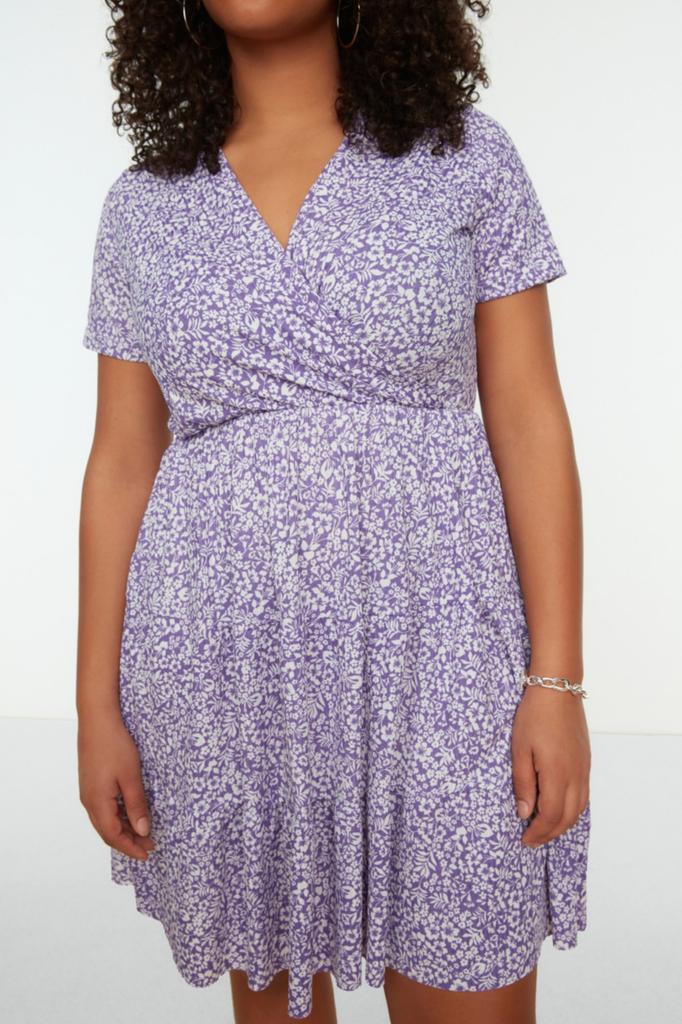 Women's Fashion New Plus Big Size Dress Green V-neck Floral Pattern Knitted Dress