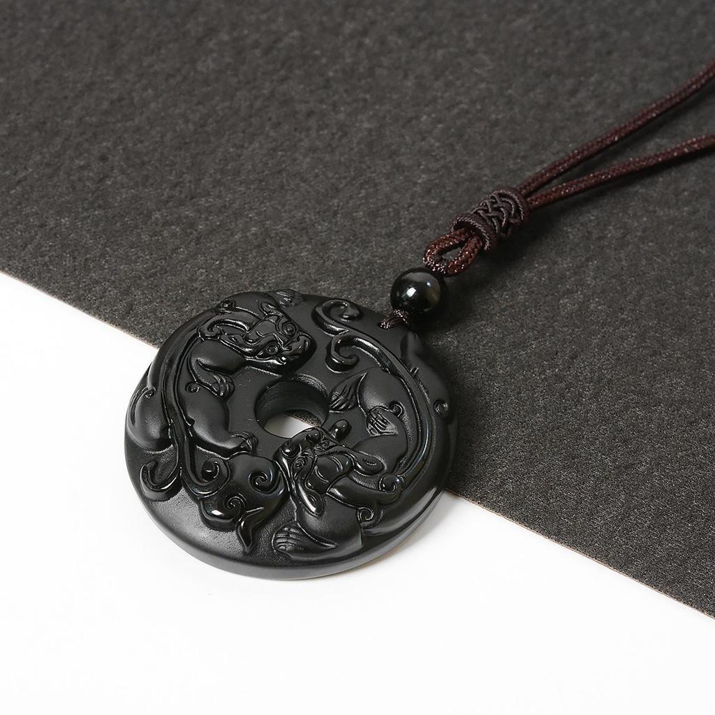 Obsidian Dragon Double Pixiu Peace Pendant Necklace for Men and Women